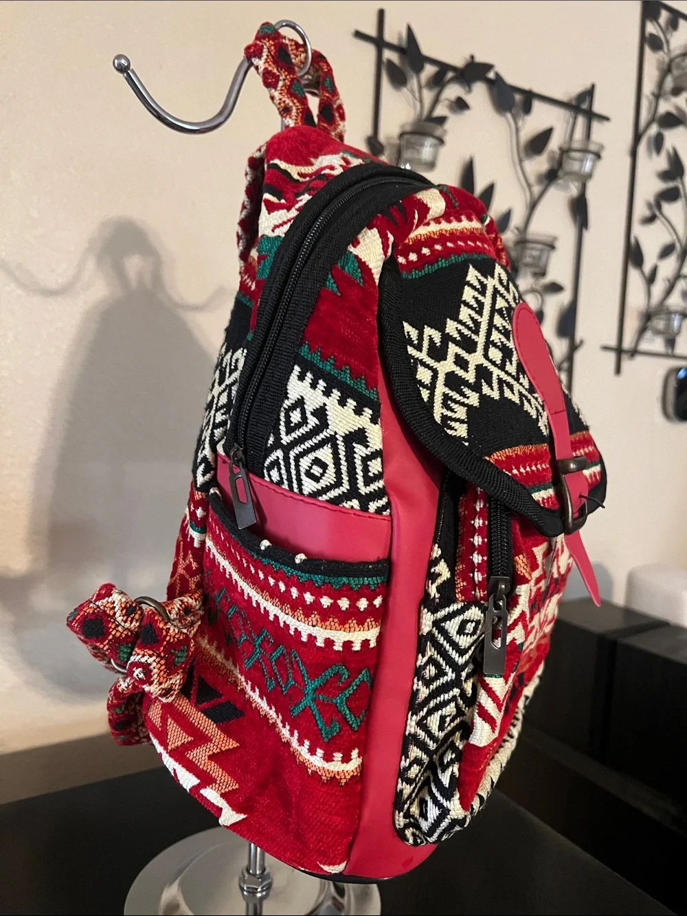 Red Aztec Print Mini Backpack with Pink Trim